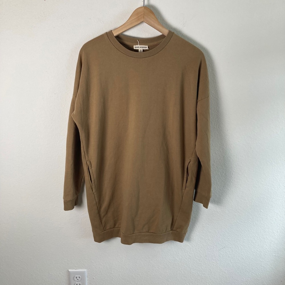 Zenana Outfitters Sweatshirt Women S/M Brown Crew Neck Pockets Oversized Long